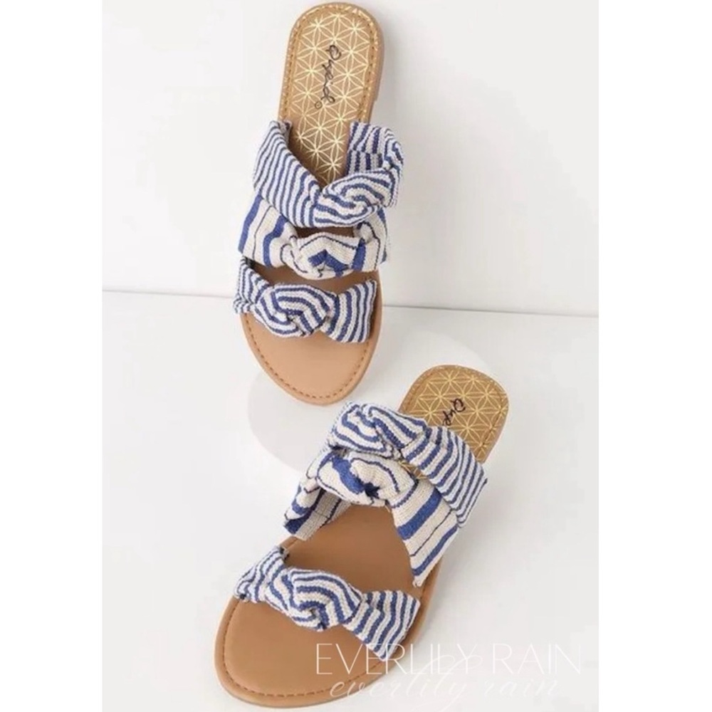 Blue & Off White Striped Knot Slide On Sandals
